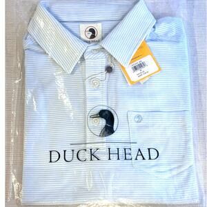 Mens MEDIUM Duck Head Chapman Stripe Performance Polo  Sky Blue NEW! Golf LOGO!